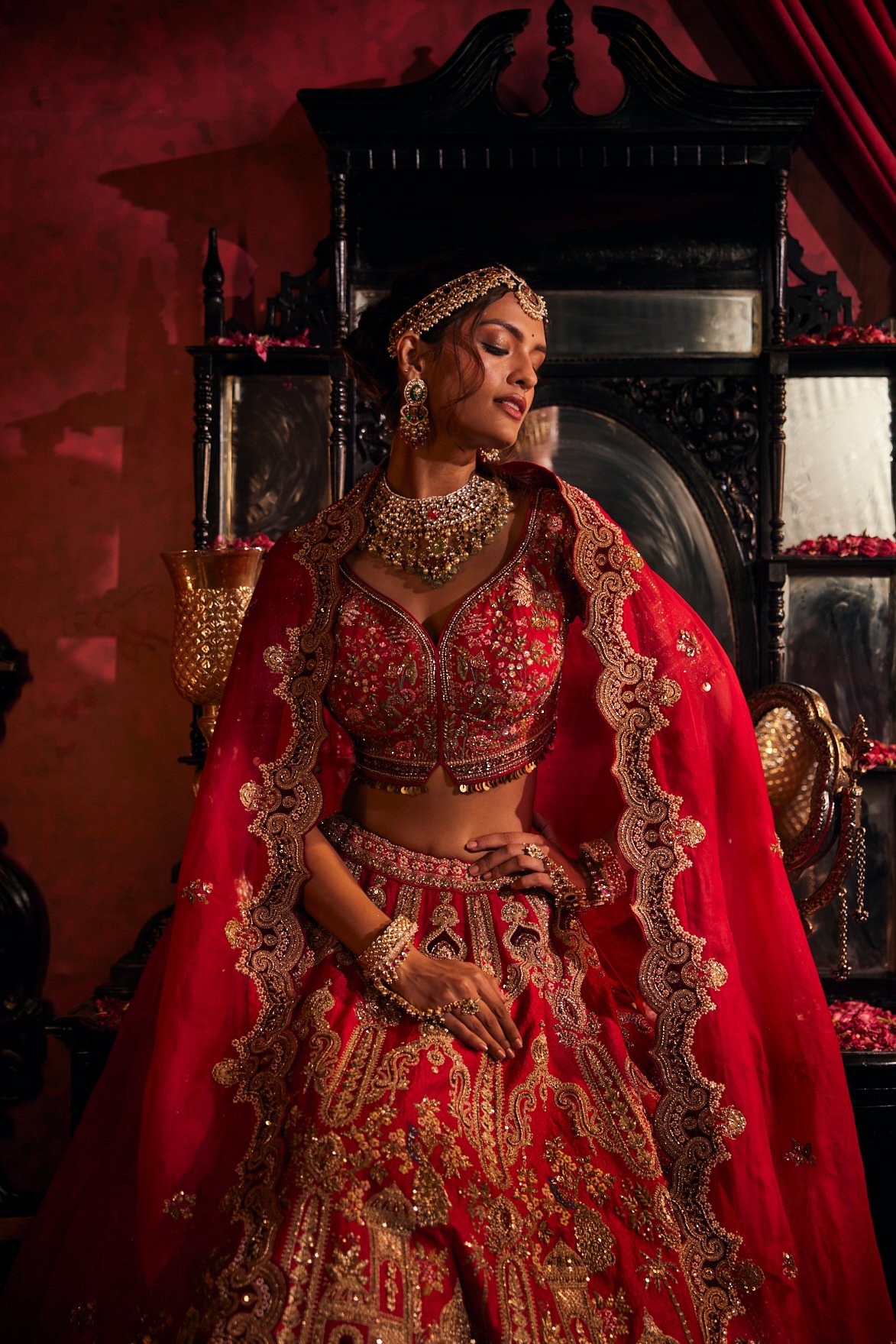 Crimson Red Gold Zari Lehenga